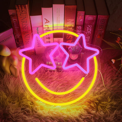 Lightning Eyes Smile Neon Sign – 13"x12.2" LED Wall Light with 5-Level Dimmable Brightness – Fun Room Decor for Bedroom, Dorm, Gaming Room, Bar, Bachelorette, Wedding & Birthday Party (Star Eyes)