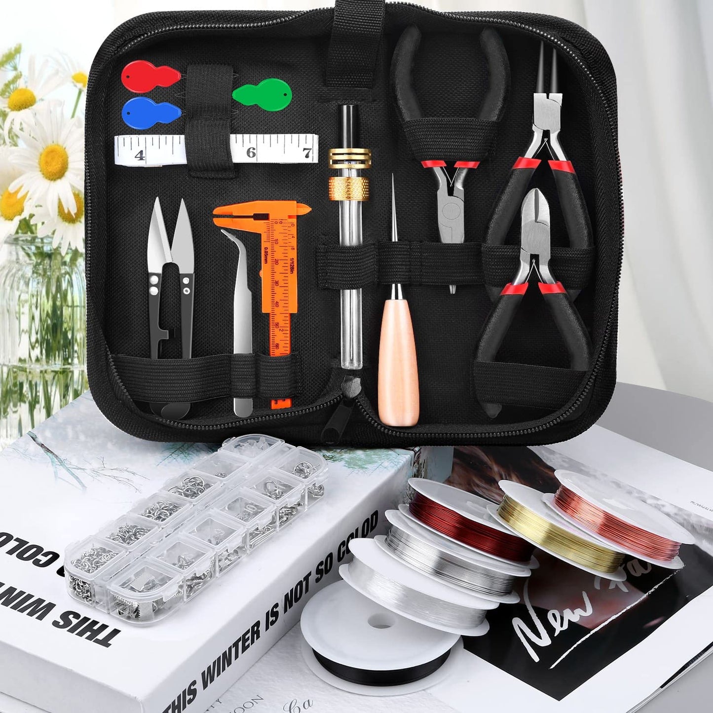 Thrilez Wire Wrapping for Jewelry Making, Repair and Beading Supplies Kit with Craft Ring Wire, Tools, Pliers and Jewelry Findings