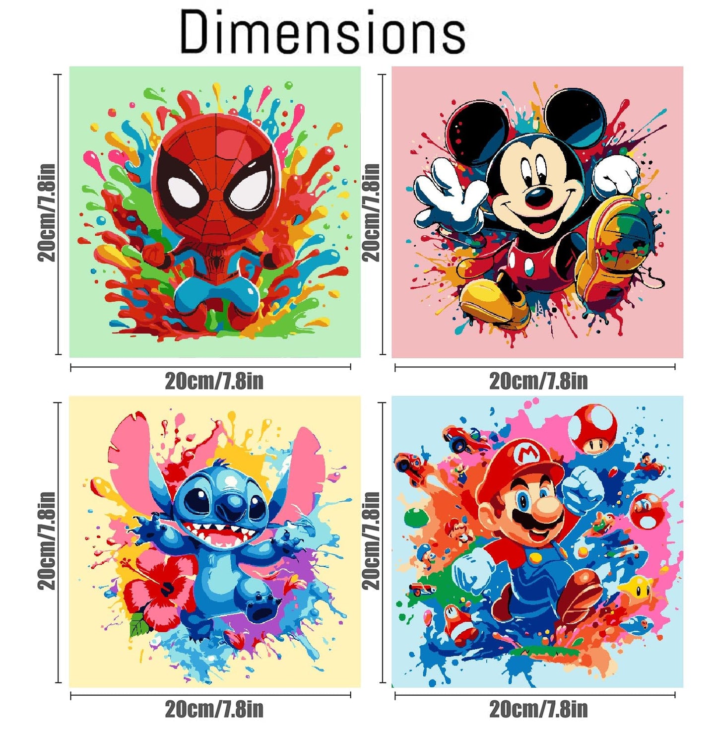 Fuinkqe 4 Packs Cartoon Paint by Numbers Kits for Kids Framed,Paint by Numbers for Kids Ages 8-12 with Framed Canvas,DIY Easy Painting Kits with Wooden Easel for Home Wall Decor 8X8 Inch