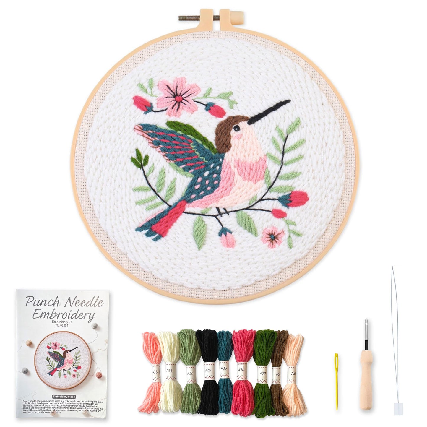 Myfelicity Punch Needle Embroidery Kit, Beginner Craft Set with Animal Pattern Design, 7.9 Inch Hoop (Hummingbird)