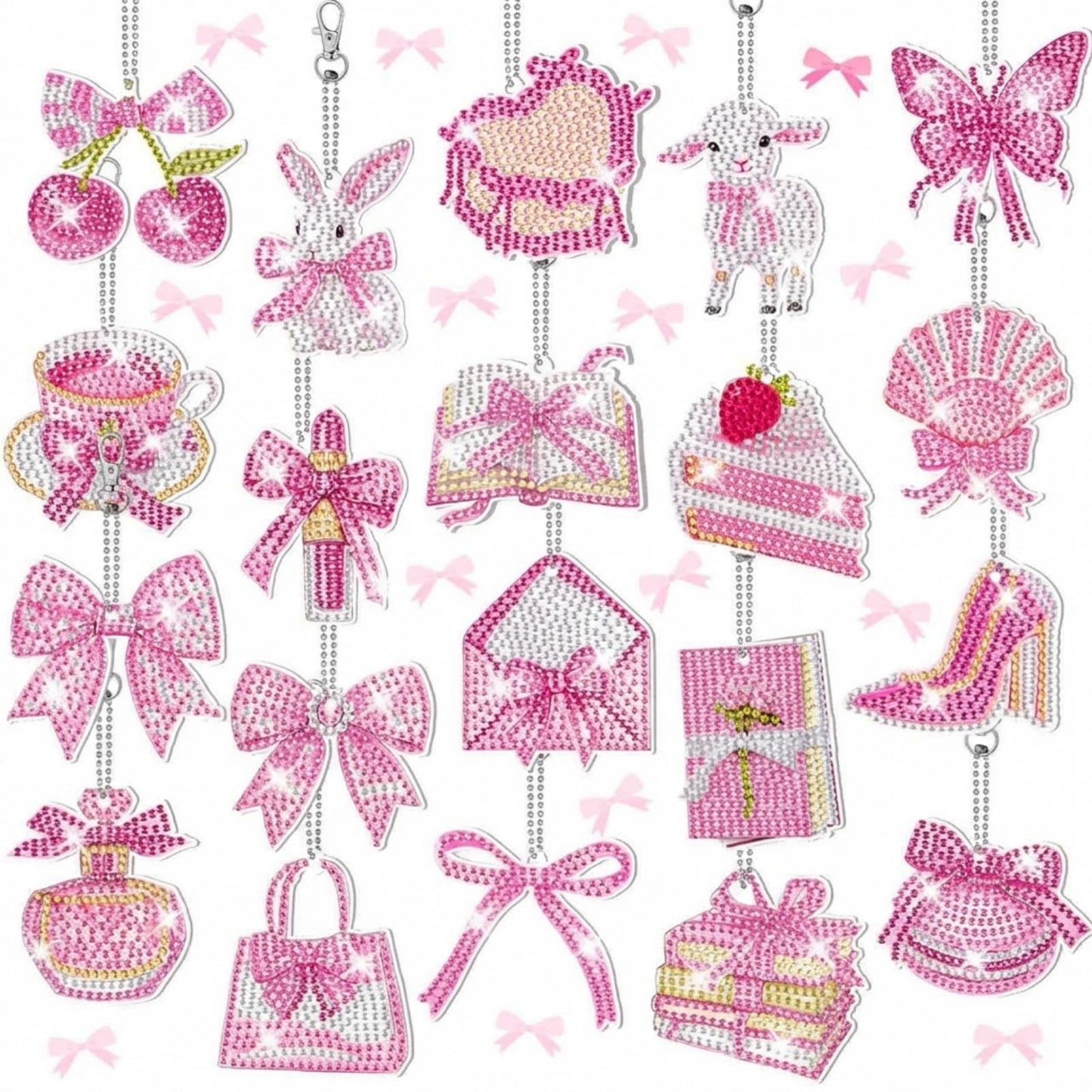 Aurelema 20 Pieces Pink Bow Diamond Painting Keychains Coquette Party Diamond Art Keychain 5d DIY Painting Art Kits for Women Crafts Party Decor
