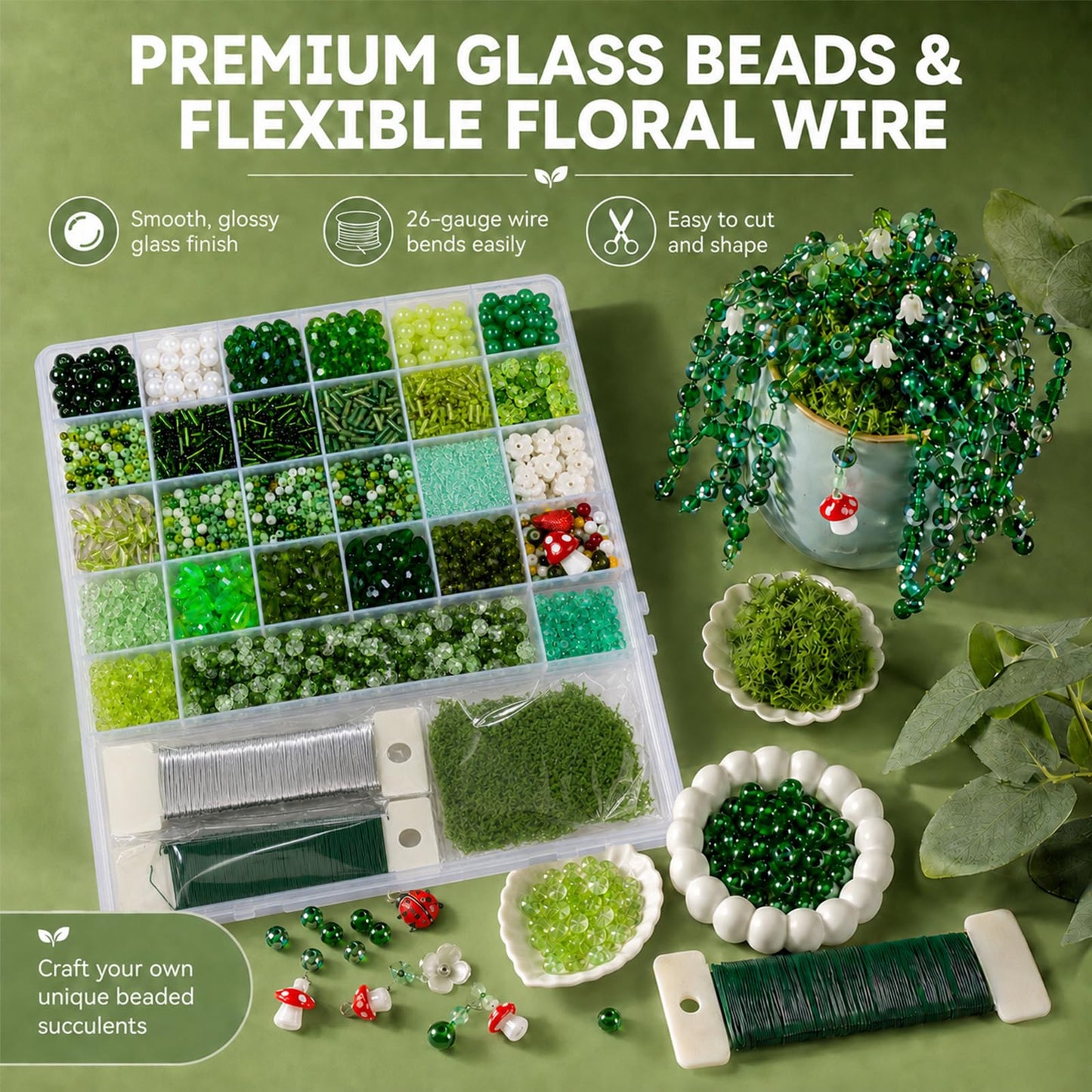 Scvotier Beaded Plant Kits with Wire and Beads, All-in-One Green Glass Beaded Plant DIY Craft Kit with Tools & Instructions - Create Your Own Hanging Green Decor, Relaxing Handmade Gift