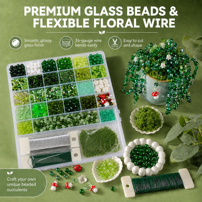 Scvotier Beaded Plant Kits with Wire and Beads, All-in-One Green Glass Beaded Plant DIY Craft Kit with Tools & Instructions - Create Your Own Hanging Green Decor, Relaxing Handmade Gift
