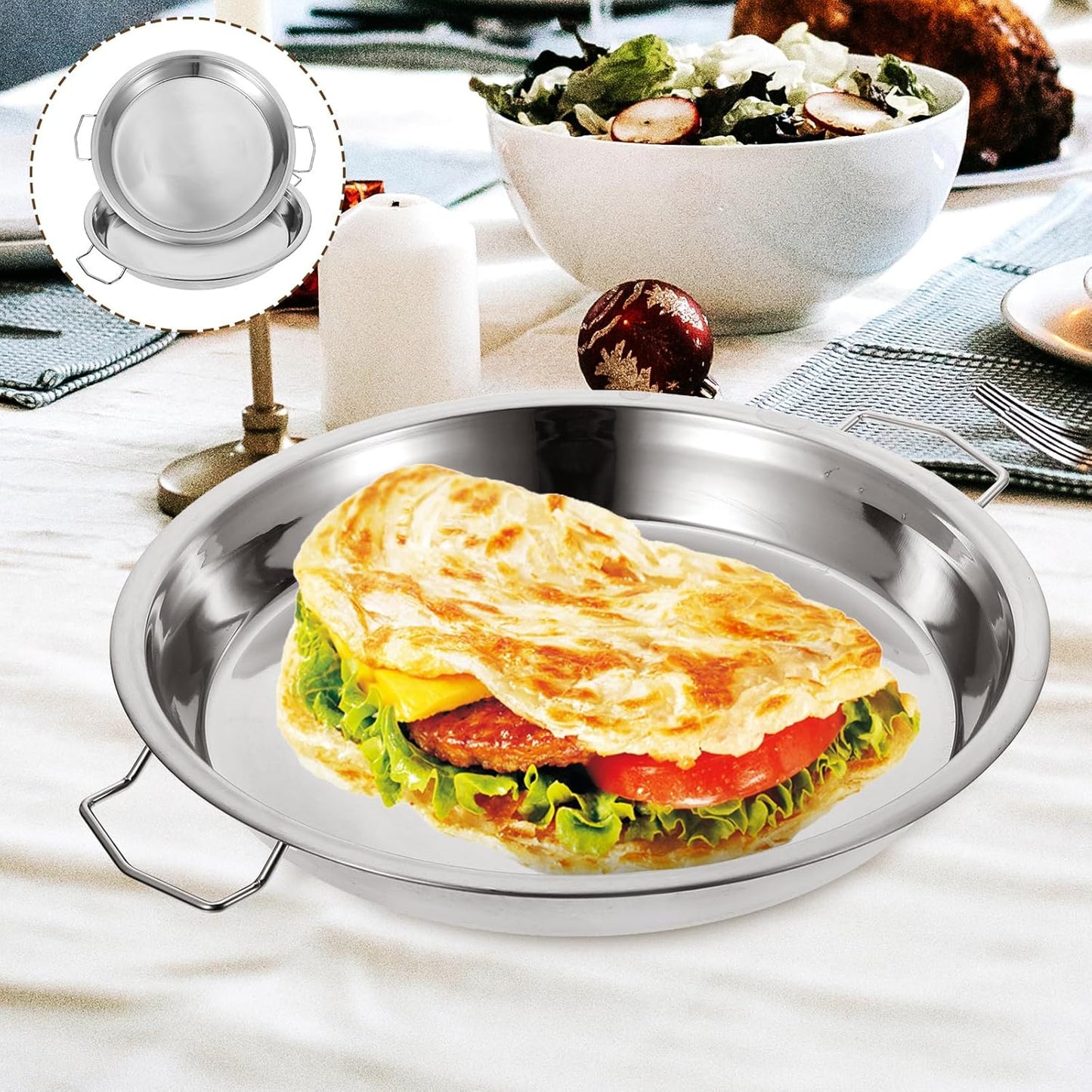 Luxshiny 2PCS Stainless Steel Roasting Pan, Round Baking Tray for Pizza and Turkey