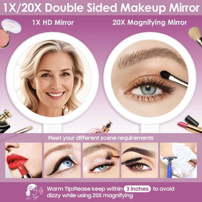 PEDOMIROR 20x Magnifying Mirror with Light, Travel Mirror with Light, Lighted Makeup Mirrors with Magnification, Hand Held Mirrors with Handle, Portable Tabletop, Suitable for Bathroom