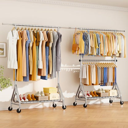 JIEJIERUI Heavy Duty Clothes Rack for Hanging Clothes, Double Rods Clothing Rack with Lockable Wheels, Rolling Garment Racks with Shelf, Easy to Assemble, Silver