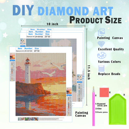 XUNLURY Ocean Beach Diamond Art Kits 4 Pack 10x11.8 Inch, Beach House Room Decor,Tropical Coastal Ocean Oyster Palm Tree Nautical Sailboat DIY Diamond Gem Painting Art Kits for Kids Adults Beginners