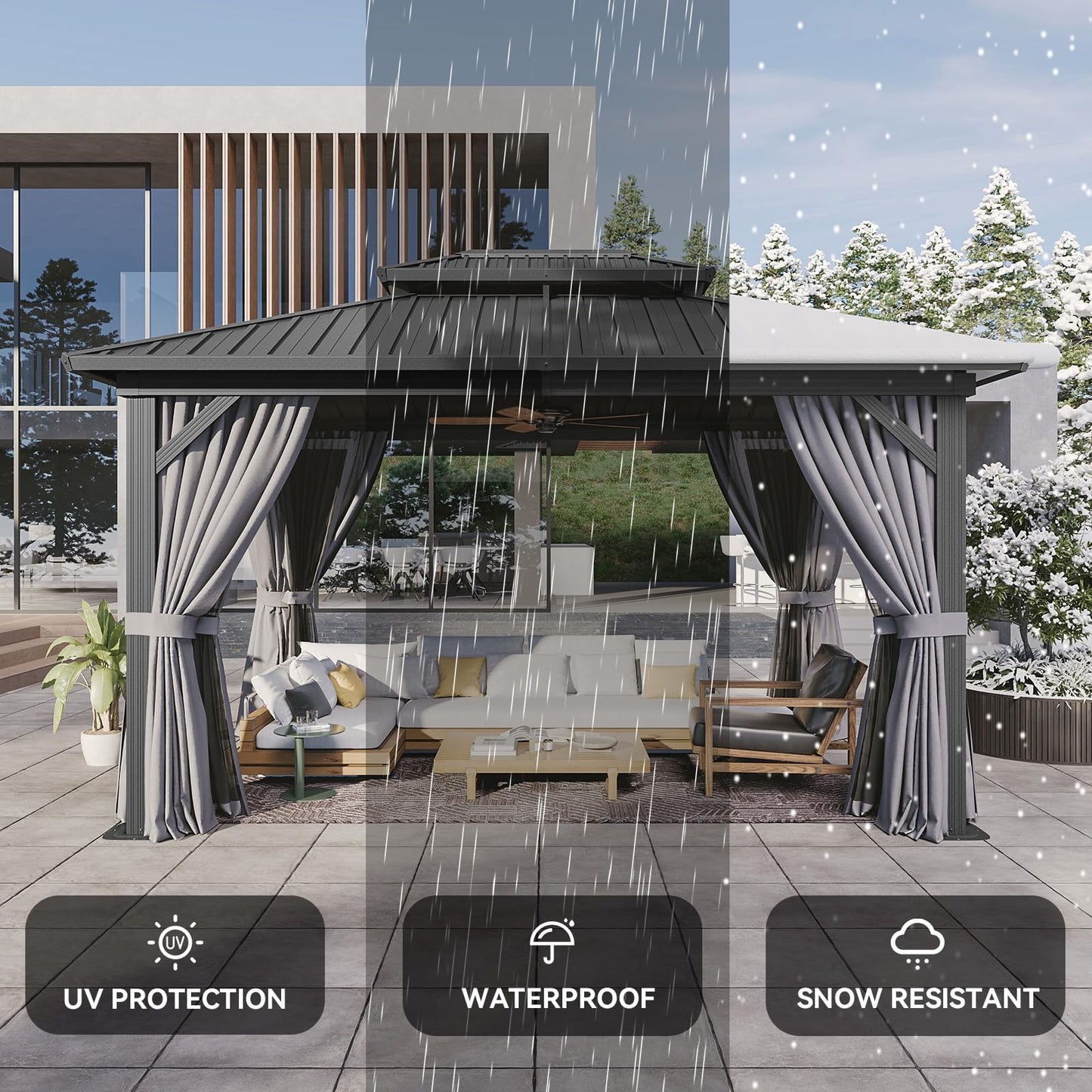 Aoxun 10'x14' Hardtop Gazebo, Aluminum Frame Canopy with Double Galvanized Steel Roof, Outdoor Metal Pavilion with Netting, Curtains for Backyard, Patio and Deck
