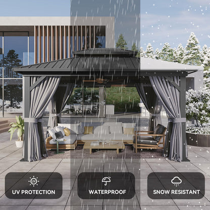 Aoxun 10'x14' Hardtop Gazebo, Aluminum Frame Canopy with Double Galvanized Steel Roof, Outdoor Metal Pavilion with Netting, Curtains for Backyard, Patio and Deck