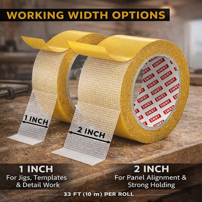 SWRT Double Sided Woodworking Tape for Woodworking Router Templates and CNC Projects, Removable Adhesive for Holding Wood Templates, Routing, and Anchoring, No Residue, 1 & 2 Inch x 33 FT, 2 Rolls