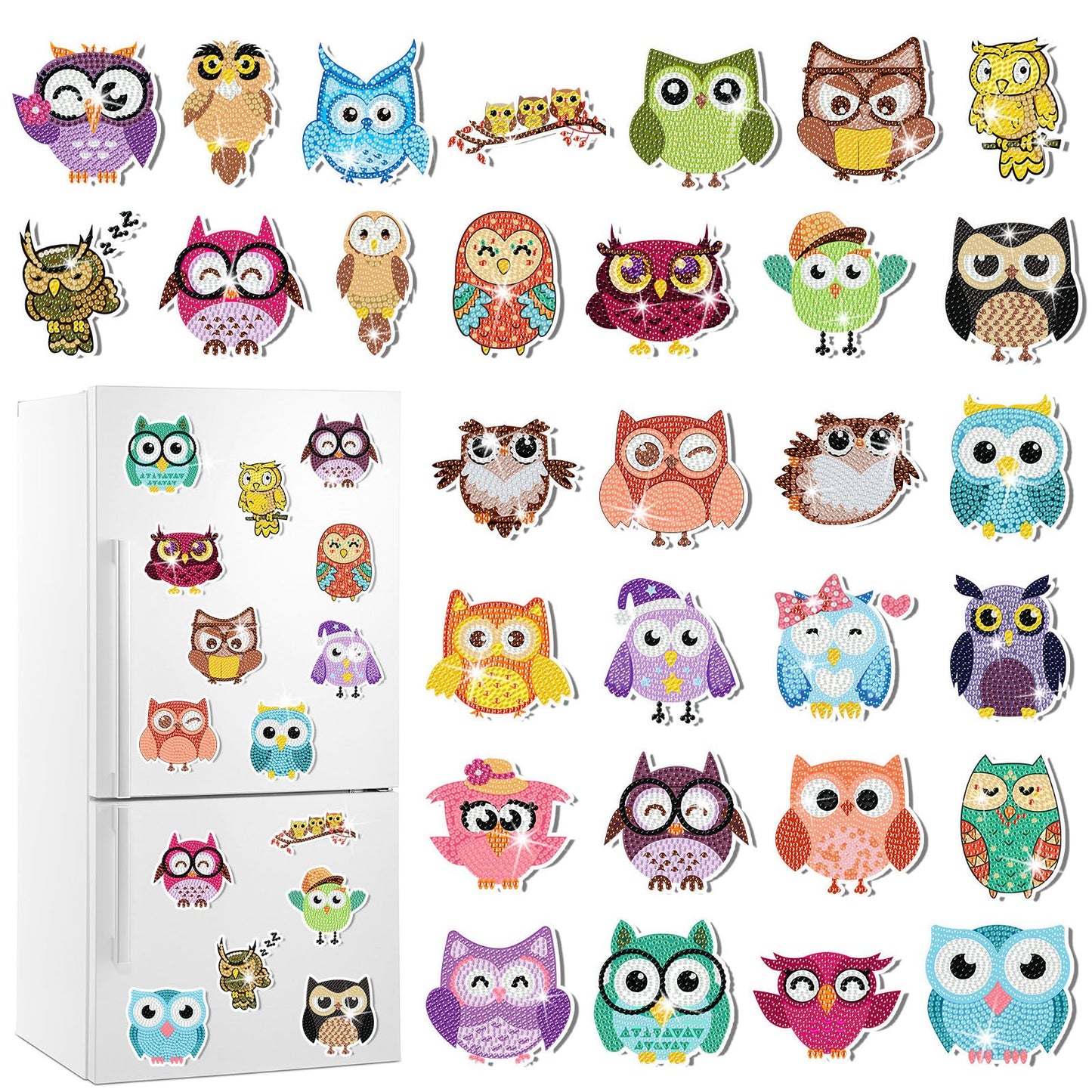 Xuhal 30 Pcs Owl Diamond Painting Magnets Owl Diamond Art Magnet Kits for Adults Colorful Cute Animals Refrigerator Magnetic Sticker 5D Rhinestone Fridge Stickers for Beginner DIY Crafts Gifts