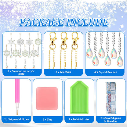 Geetery 8 Pcs Winter Diamond Art Painting Wind Chime Snowflake Diamond Art Suncatcher Kits Double Sided Art Kits with Crystal Pendant Hanging Ornament for Adults Home Decor