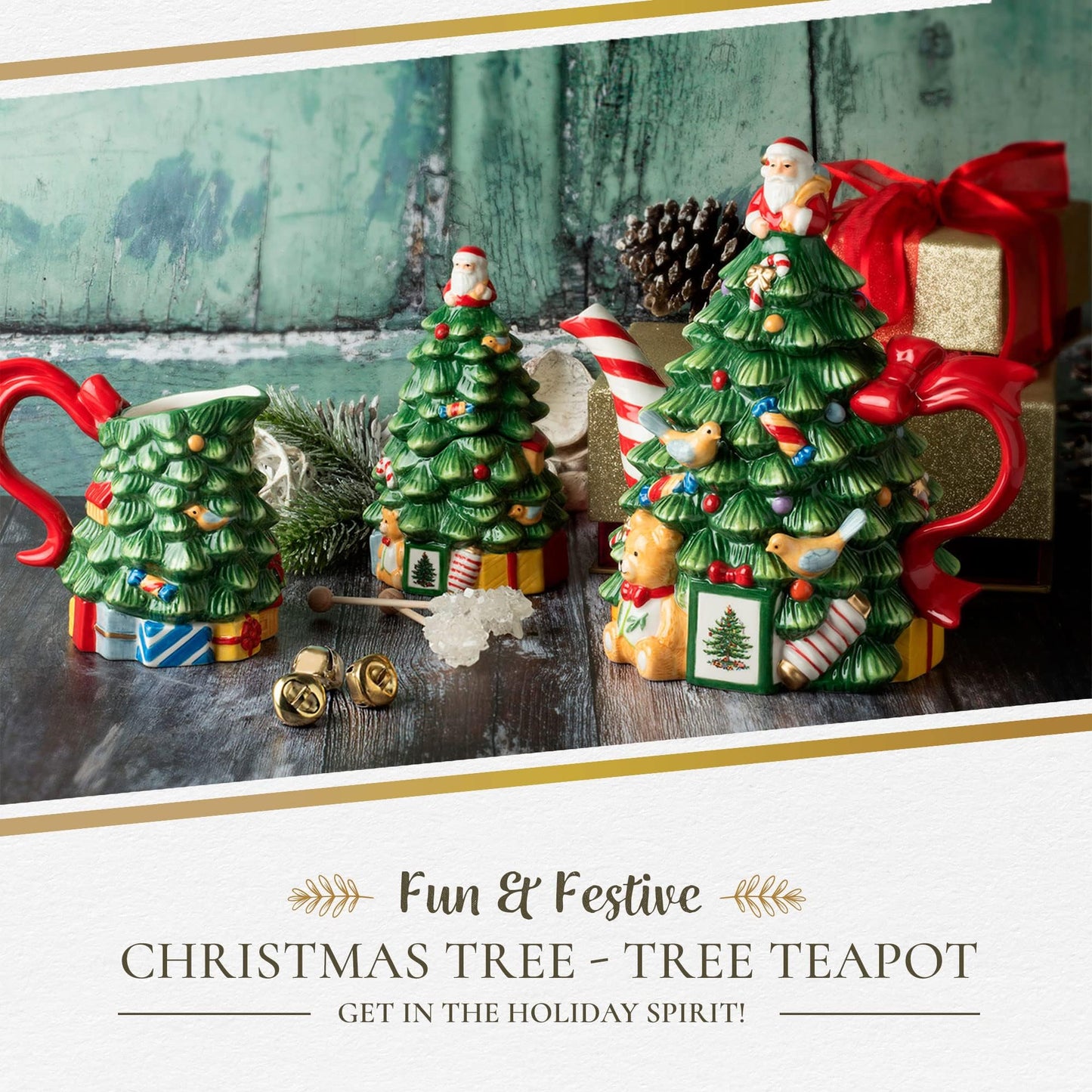 Spode Christmas Tree Figural Teapot - Festive 27 oz Christmas Teapot with Mistletoe Accents, Peppermint Stripe Spout, and Ribbon Handle - Decorative Dolomite Tea Pot for Holiday Tea Parties
