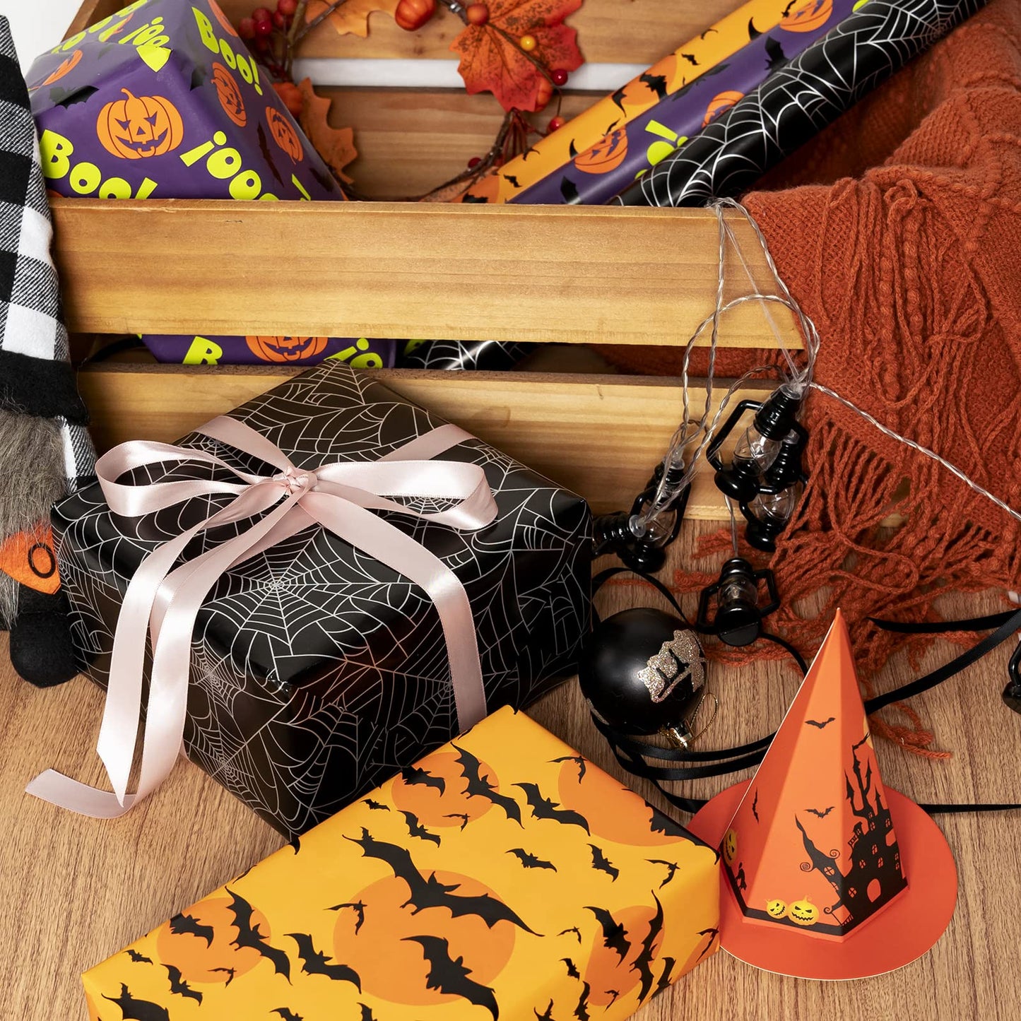 LeZakaa Halloween Wrapping Paper Roll - Mini Roll - Pumpkin with Boo Letters/Bat/Spider Web Print for Gift Wrap, DIY Craft - 17 x 120 inches - 3 Rolls (42.5 sq.ft.ttl.)