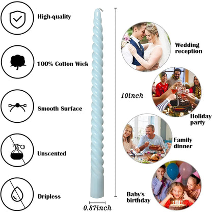 8 Pack 10 Inch Baby-Blue Spiral Taper Candle Set, 7/8 Inch Unscented Driples Candlesticks for Home Decoration, 6-7 Hours Burn