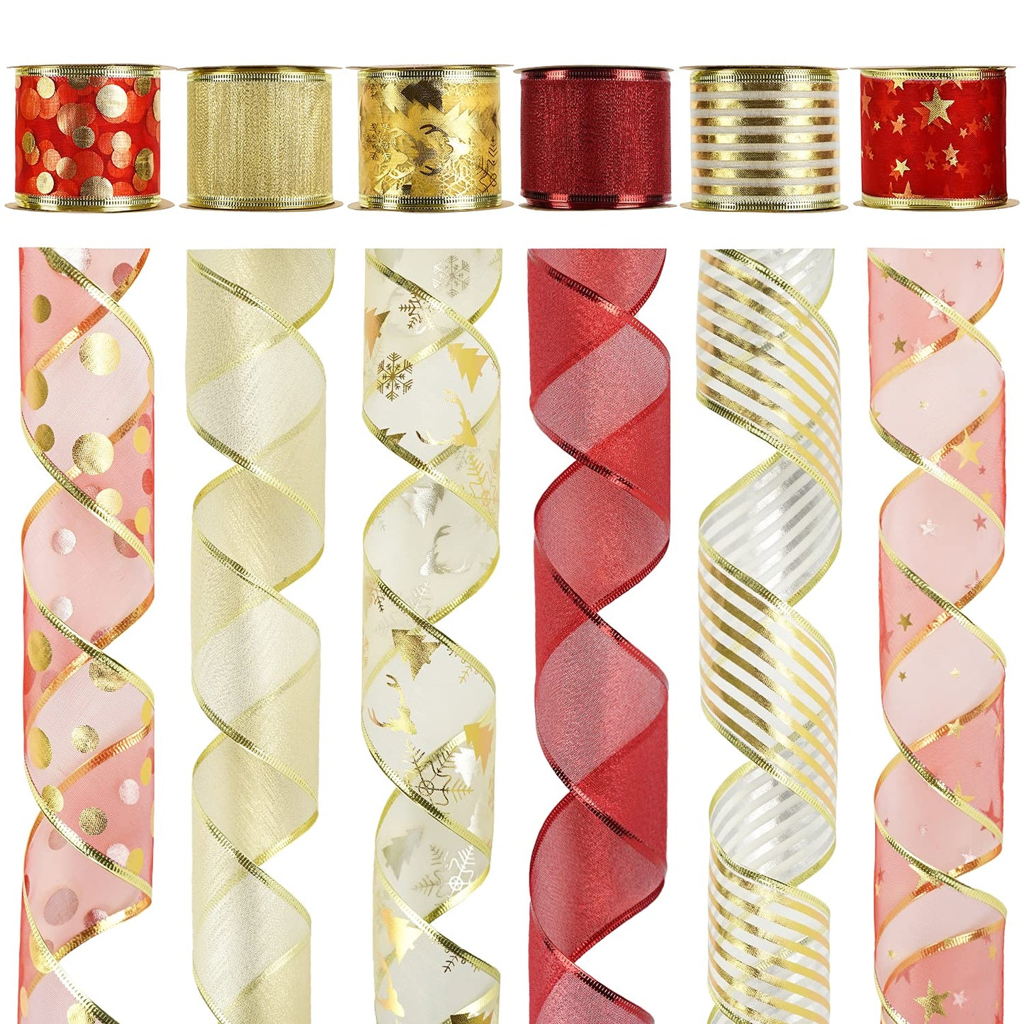 MEEDEE Red & Gold Christmas Ribbon - 2.5 Inch, 6 Rolls (36 Yards), Wired, Perfect for Tree Decoration, Wreaths & Bows