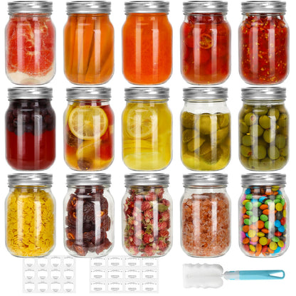 CycleMore 16 oz Mason Jars With Airtight Lids and Brands 15 Pack Glass Canning Jars with Regular Mouth, Pint Clear Glass Jar For DIY Projects, Food Storage and Fermenting with Brush & 24 Labels