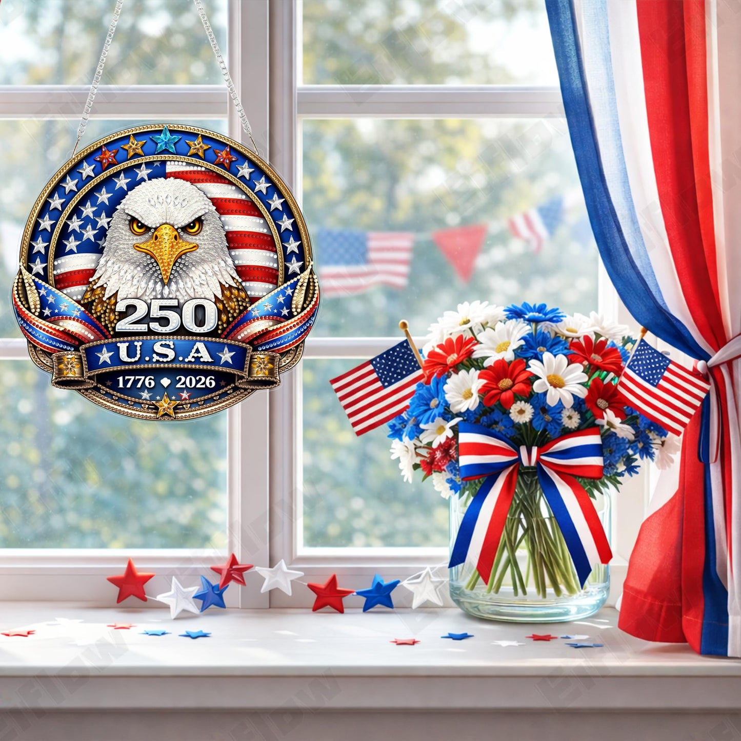 Eiflow 250 Years Anniversary USA Diamond Art Hanging Kit for Adults, DIY Patriotic Diamonds Painting Door Hanger Board Kit, Crystal Diamond Art Painting Pendant Ornament (4th of July Eagle Badge)