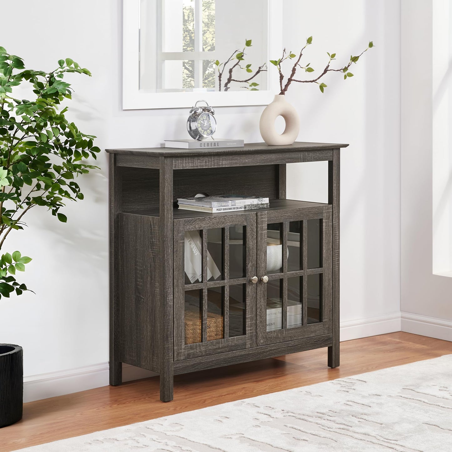 Convenience Concepts Big Sur Highboy TV Stand 36" - Modern Entertainment Center For TVs up to 40", Storage Cabinet for Dining, Living Room, & Entryway, Console Hall Table with Shelves, Weathered Gray