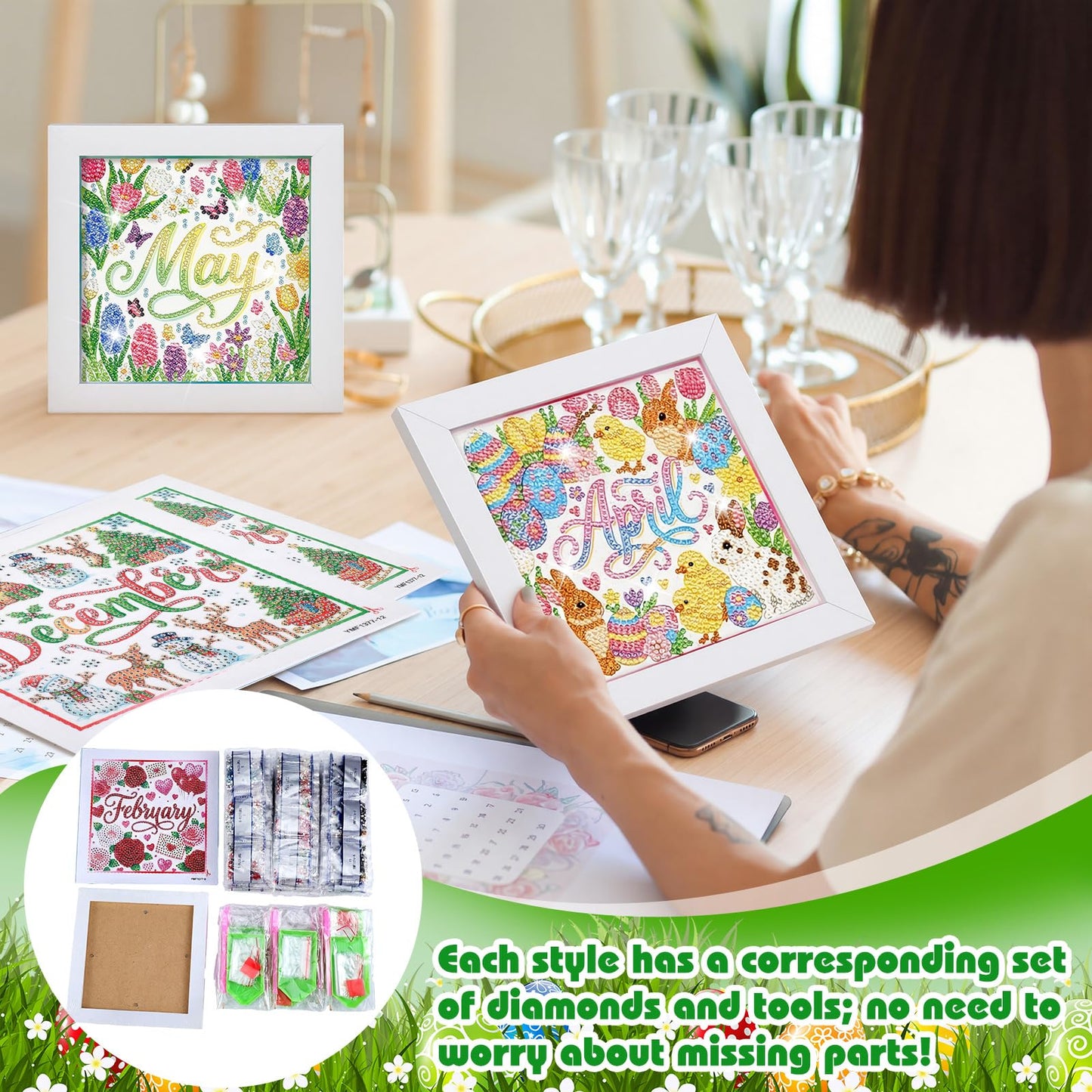 Trandraft 13 Pcs Interchangeable Holiday Diamond Art Kits for Adults 5D Framed Seasonal DIY Diamond Paint with Full Drill Gems for Beginner Monthly Table Craft Gift Decor (Cute Style)