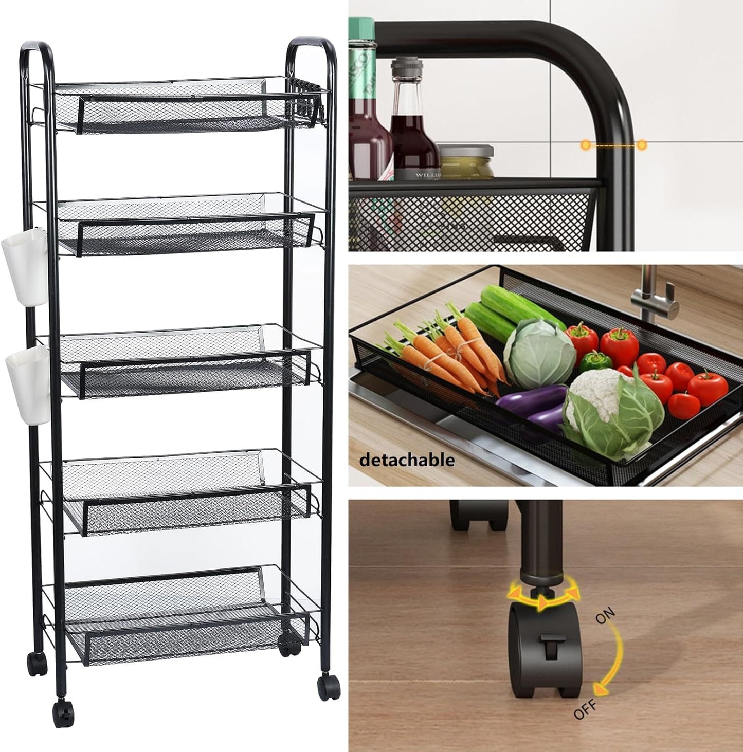 5 360 41 Inch Fruit Vegetable Basket Storage Cart Tier Snack Cart Stackable Metal Mesh Vegetable Organizer with Degree