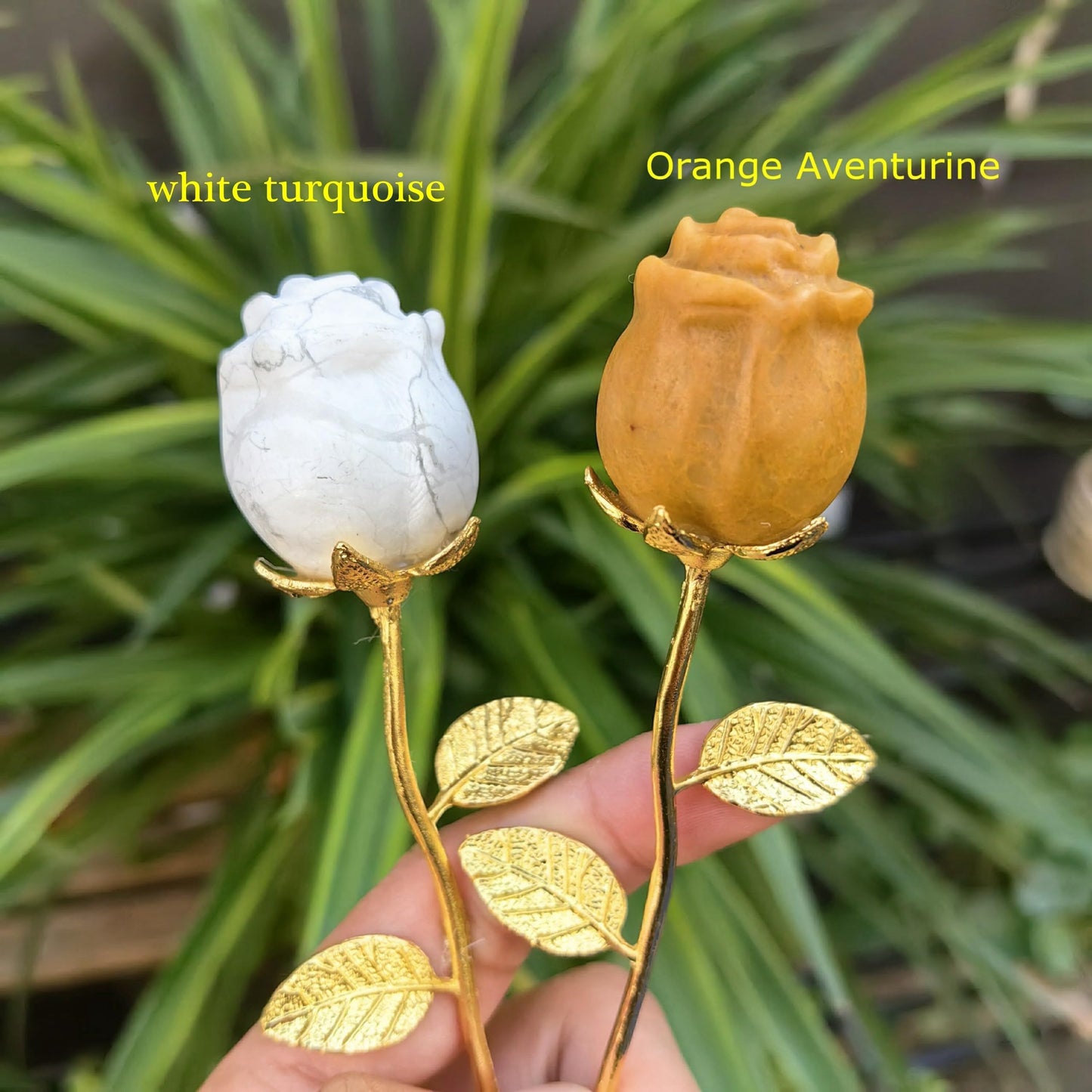 Crystal Rose Gemstone Flower Jewelry Carved Home Decoration,Reiki Heal,Girlfriend Gift,Mom's Gift,Valentines Gift (Golden stem,2piece Sodalite)