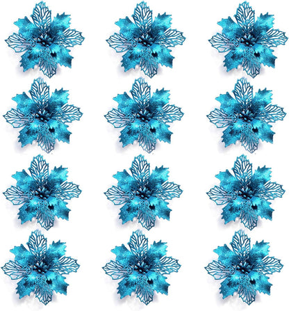 GL-Turelifes 12 Pieces 6.3’’ Glitter Christmas Flowers - Lake Blue Poinsettia Artificial Flower for Wreath and Tree