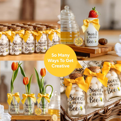 12 Pack Ethisa Vintage Bee Party Favor Glass Bottles with Ribbons and Stickers - Classy Baby Shower and Birthday