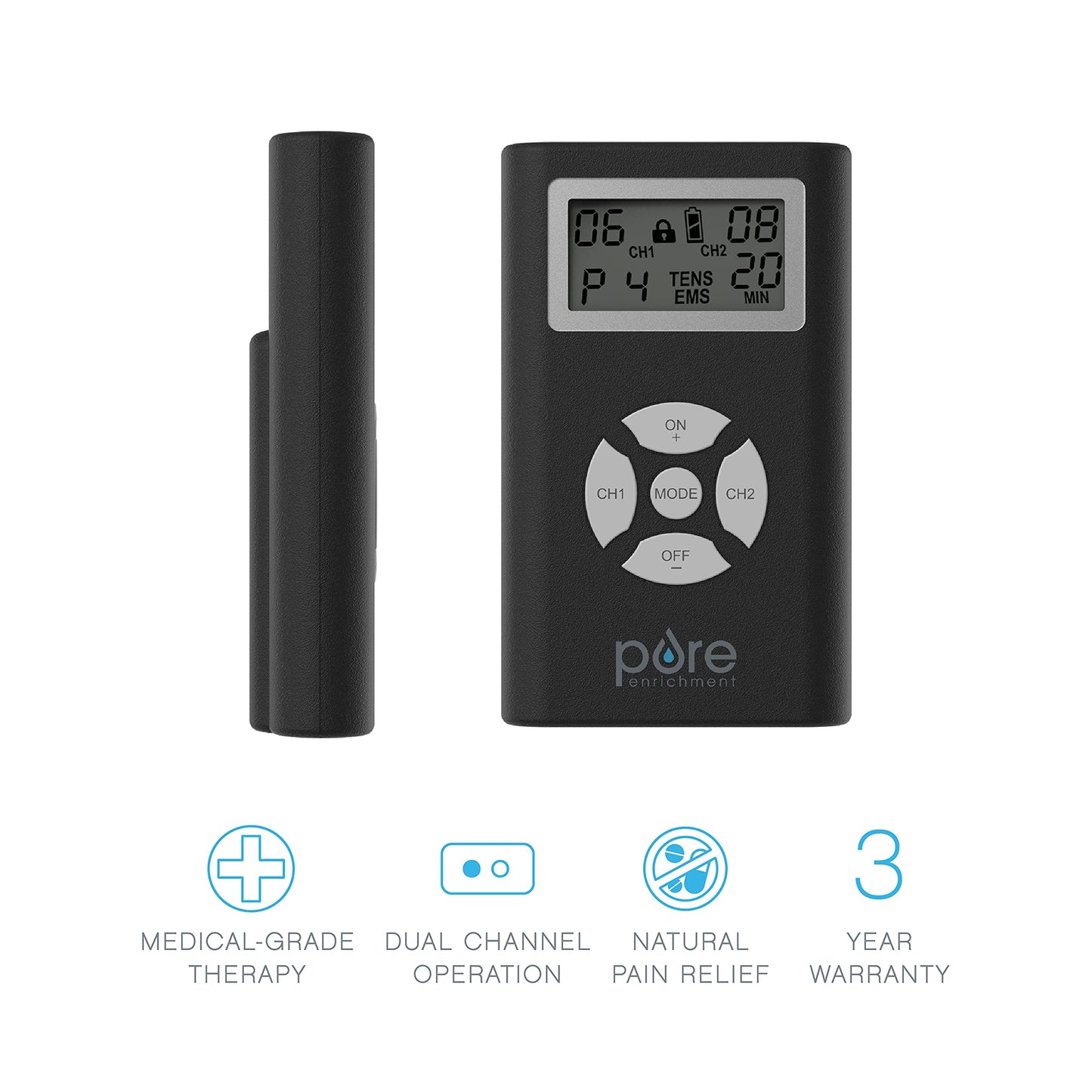Pure Enrichment PurePulse Duo Dual Channel TENS & EMS Combo Muscle Stimulator - 14 Modes for Chronic Pain Relief, Adjustable Treatment Timer, Includes Reusable Electrode Pads, Storage Bag, & More