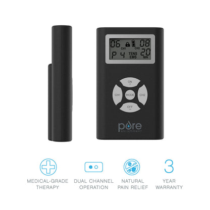 Pure Enrichment PurePulse Duo Dual Channel TENS & EMS Combo Muscle Stimulator - 14 Modes for Chronic Pain Relief, Adjustable Treatment Timer, Includes Reusable Electrode Pads, Storage Bag, & More