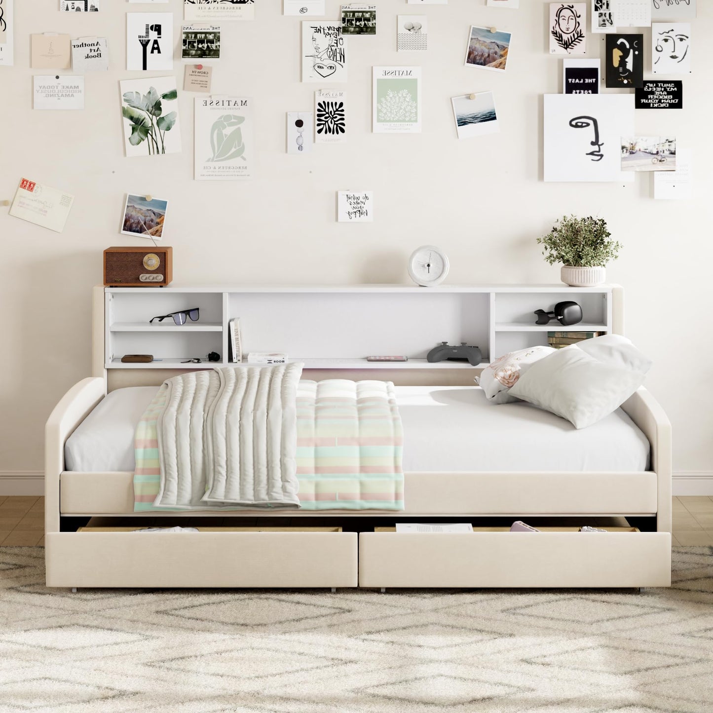 Merax Twin Size Upholstered Platform Bed with Storage and Drawers, Beige