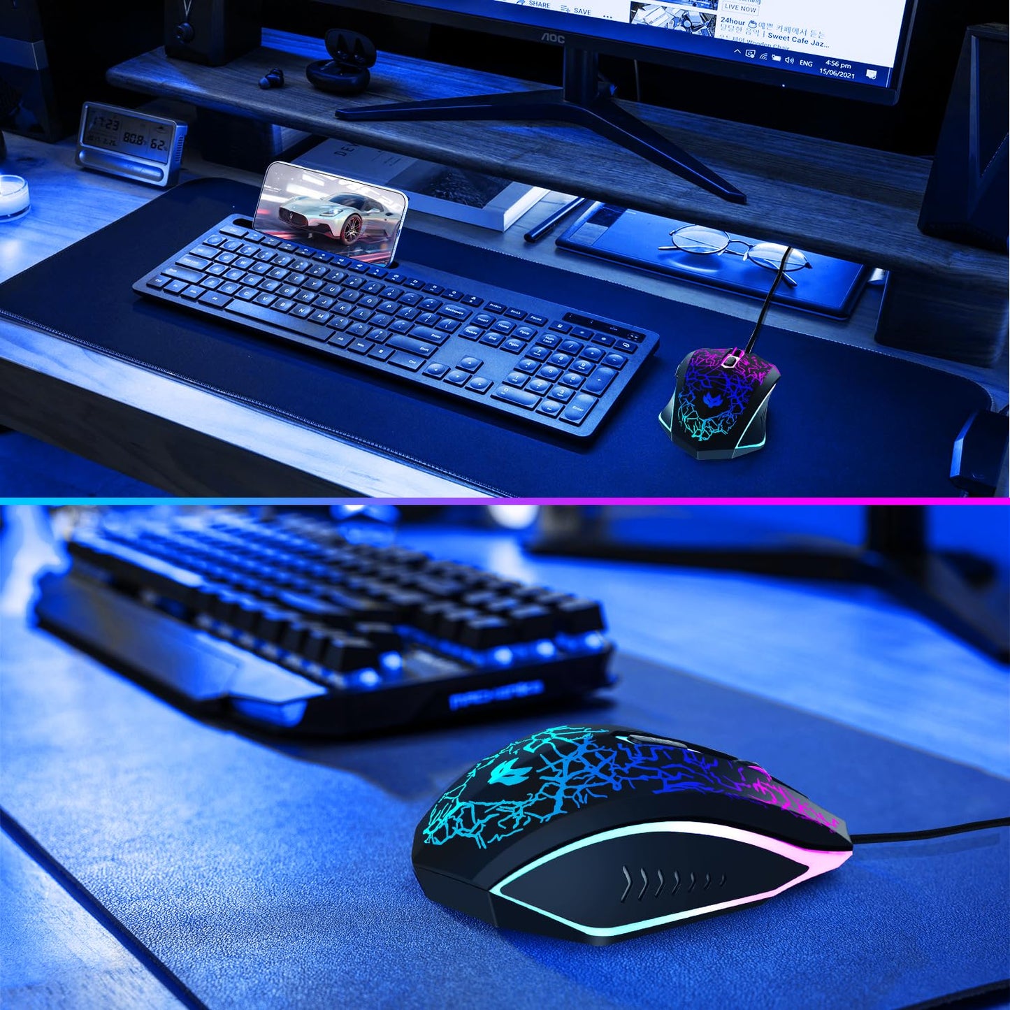 Wireless Gaming Mouse, Rechargeable Wireless Computer Mouse, 7-Color LED Light, Ergonomic Mouse with 6 Silent Click Buttons, 3 Adjustable 2400 DPI Wireless Mouse for Laptop,PC,Mac, Black