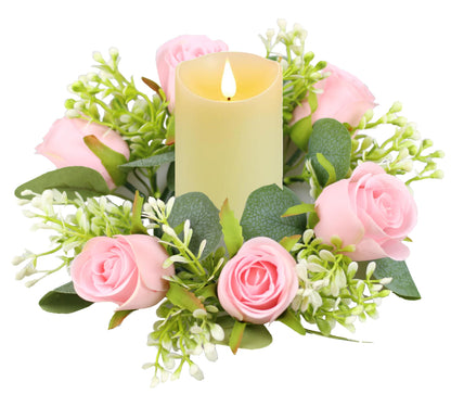 tyoungg Artificial Rose Eucalyptus Pillar Candle Rings Wreath 3 Inch Center Weddding Banquet Reception Table Centerpiece Spring Home Decor (4, Pink)