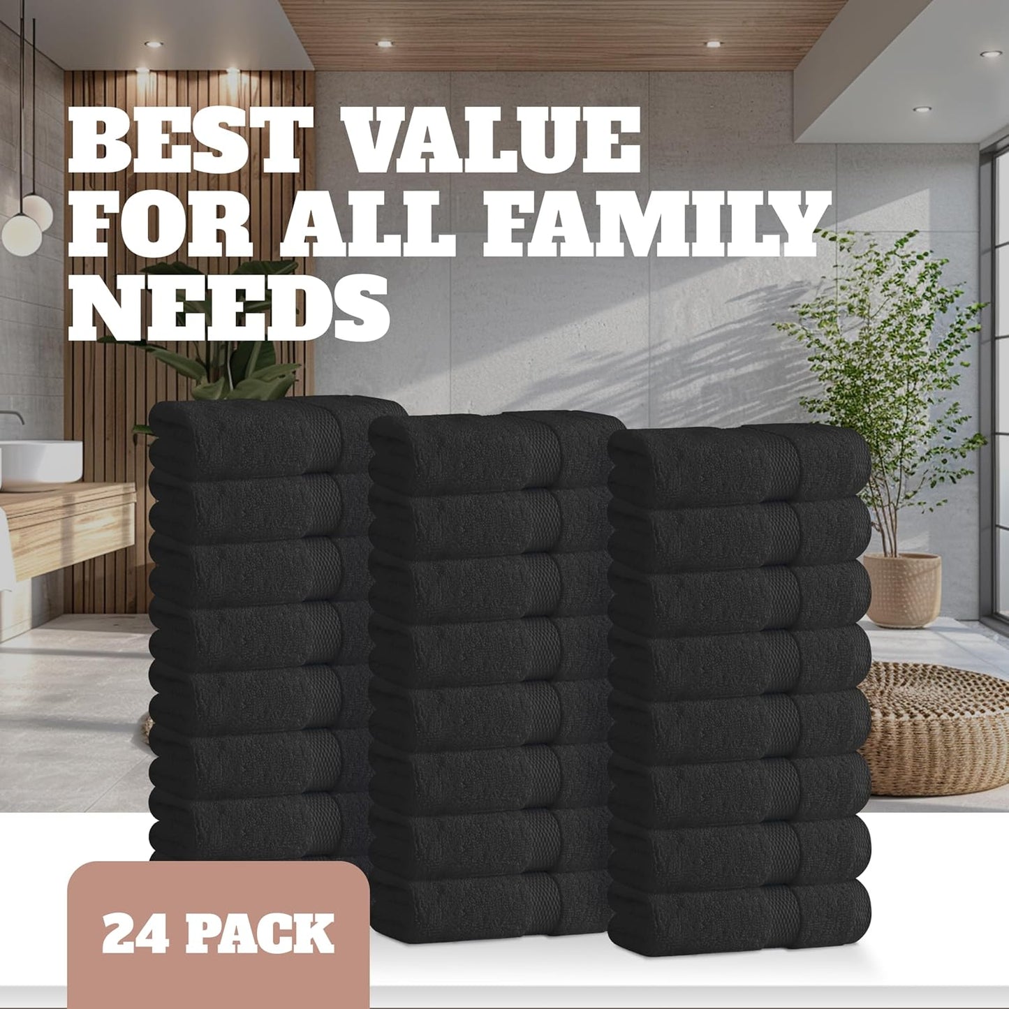 24 Pack 600 100% 12x12 Inches White Classic Wealuxe Black Washcloths - GSM Ring-Spun Cotton Wash Cloths for Showering