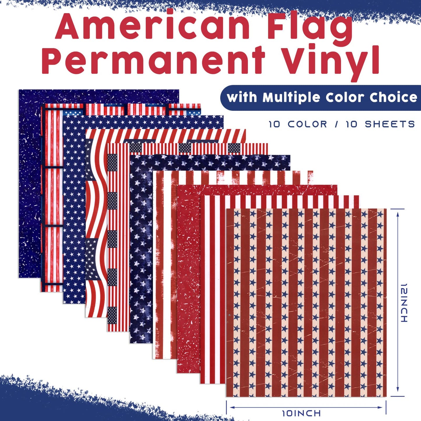 Tintnut American Flag Permanent Vinyl - 10 Sheets 12"x10", USA Flag Patriot Adhesive Vinyl, Independence Day Pattern Self Sticker Water Proofing Long Lasting for DIY