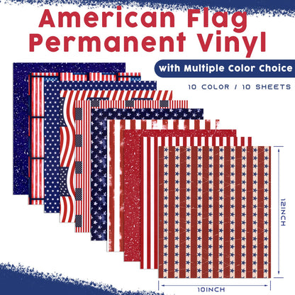 Tintnut American Flag Permanent Vinyl - 10 Sheets 12"x10", USA Flag Patriot Adhesive Vinyl, Independence Day Pattern Self Sticker Water Proofing Long Lasting for DIY