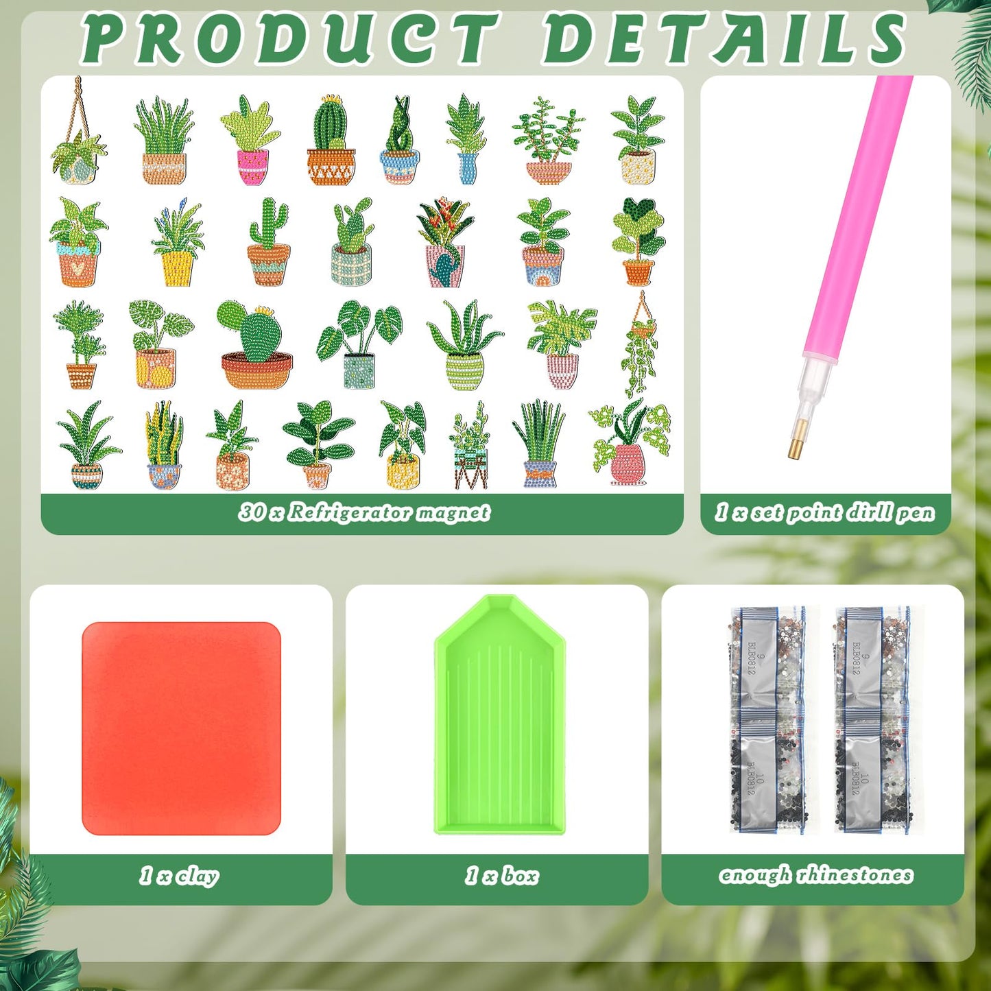 Xuhal 30 Pcs Potted Plants Diamond Painting Magnets Green Plants Diamond Art Magnet Kits for Adults Green Refrigerator Magnetic Sticker 5D Rhinestone Fridge Stickers for DIY Crafts Beginners Gifts