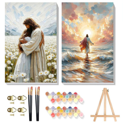 2 Pack Paint by Numbers Kit for Adults - Wooden Easel, Jesus Paint by Numbers with Frame, Christianity Adult Painting by Number Kits on Canvas, Easy Oil Painting Arts Gift Wall Decor 8x12inch