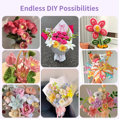 800PCS Pipe Cleaner Flower Kit, DIY Pipe Cleaners Craft Bouquet Making Kit with Floral Wires & Tape, DIY Chenille Stems Craft Supplies with Wrapping Paper & Ribbon for Home Decor
