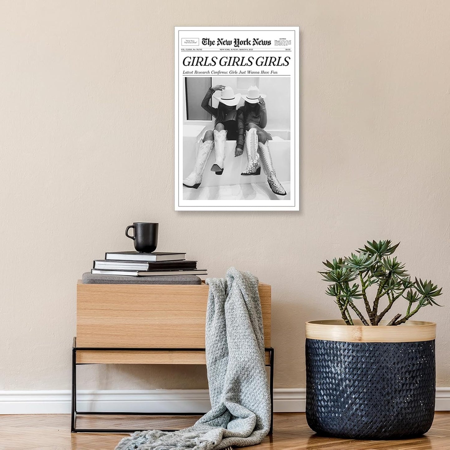 FBKDVC 16x24in Trendy Coastal Cowgirl Newspaper Wall Art Print Poster Black Canvas Wall Art Prints Girls Just Wanna