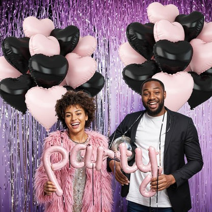 Black and Pink Heart Balloons,12Pcs 18Inch Baby Pink Black Heart Shaped Foil Helium Balloons for Baby Shower Birthday Anniversary Wedding Engagement Party Decorations