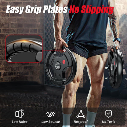 Gikpal Olympic Weight Plates, 2-Inch Three-Grip Rubber Coated Barbell Plates with Steel Hub, Cast Iron Weights for Strength Training & Home Gym, Pair or Sets (2.5–45LB)