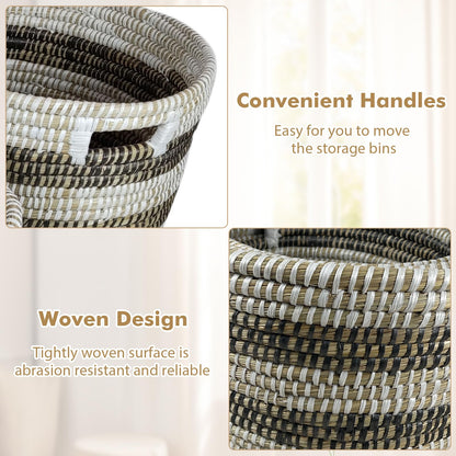 Giantex Woven Laundry Basket 24"/20"/16"- Set of 3 Stackable Storage Baskets with Handles, Large Oval Kans Grass Woven Baskets Laundry Hamper for Throw Blanket Clothes Living Room Bedroom