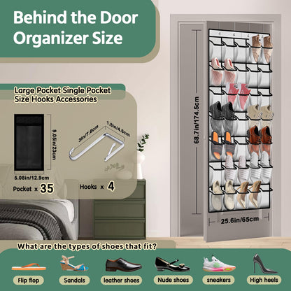PAULONE 35 Pocket Over the Door Shoe Organizer,Reusable Breathable Large Mesh Bag Men's & Women's Sneaker Organizer,Shoe Organizer for Kids,Hanging Shoe Storage Hanging Bag (White)