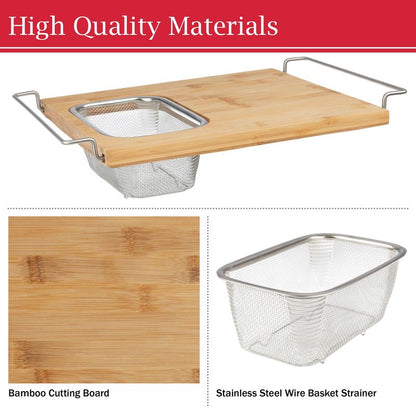 Cutting Board with Strainer - 2 in 1 Adjustable Bamboo Chopping Board with Removable Stainless Steel Colander for Over the Sink by Classic Cuisine