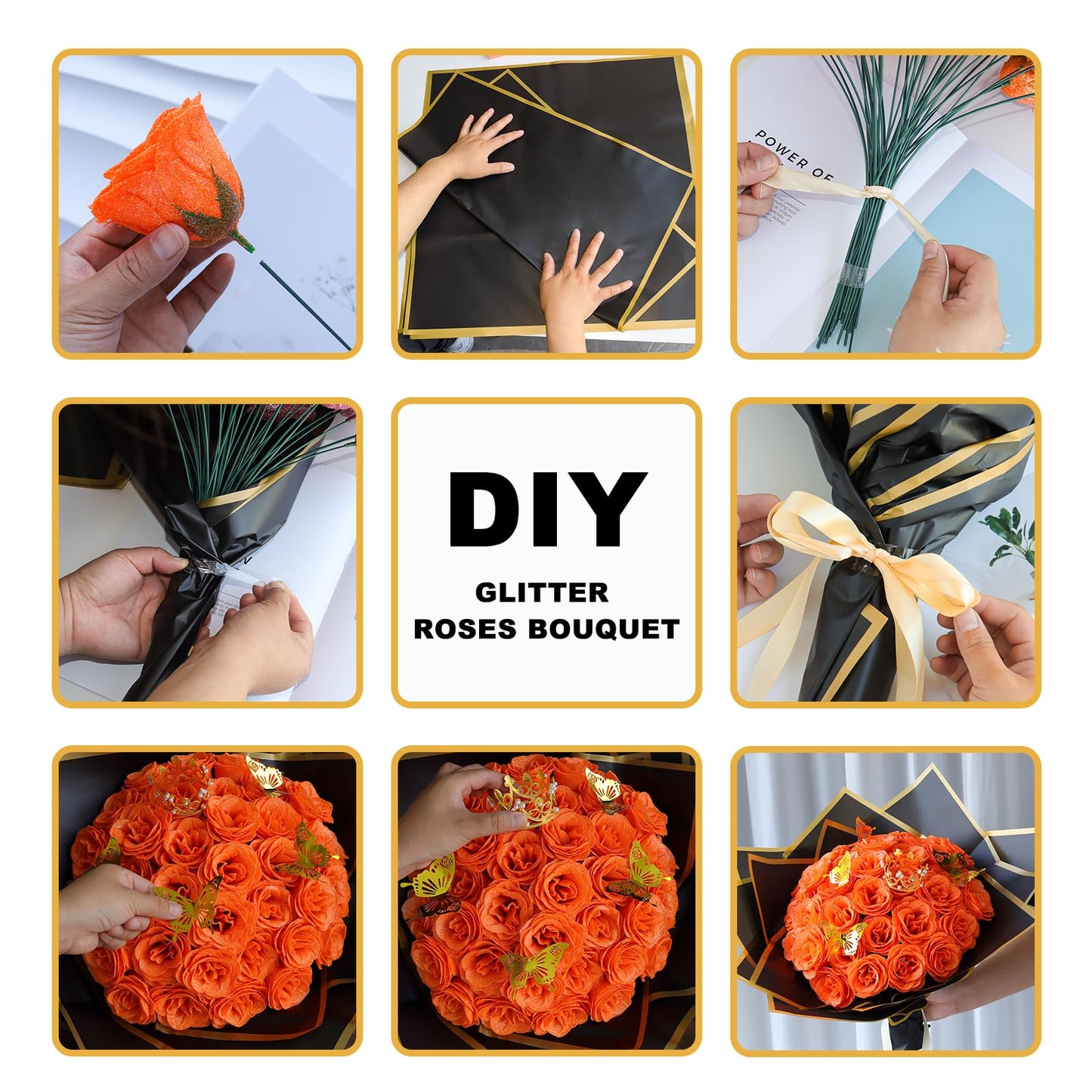 CCYXSHOW Orange Glitter Flowers Bouquet, Fake Roses Bouquet 16 Pcs DIY Glitter Rose Bouquet Kits Birthday Gifts for Women Mom Mothers Day Anniversary Graduation