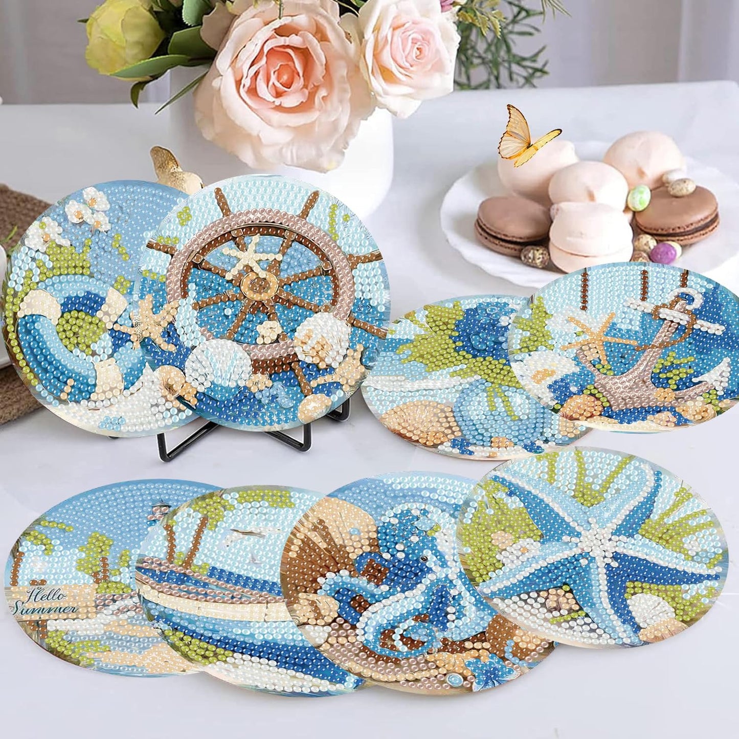 croshom Ocean Diamond Art Coasters Kits, 8 Pieces Ocean Diamond Painting Coasters with Holder, Diamonds Art Painting Kits for Adults, 5D DIY Wooden Coaster for Gift