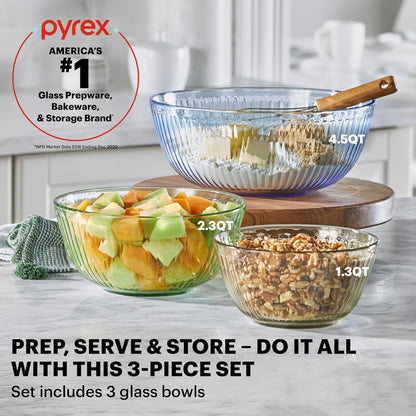 Pyrex Colors (3-Pack) Sculpted Tinted Unlidded Glass Mixing Bowls, Nesting Space Saving Set for Prepping, Baking