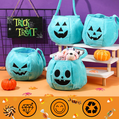 Sunnymove 8 Pcs Halloween Teal Trick or Treat Pumpkin Reusable Bucket 9.8"x7.8" Gold Velvet Candy Bags Portable Halloween Pumpkin Fabric Gift Candy Bucket for Costumes Decoration Party Supplies