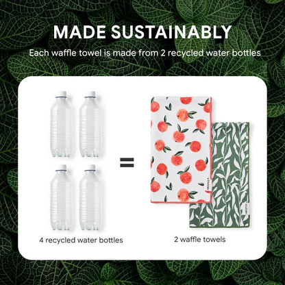 RECYCO Waffle Kitchen Towel Set of 2 - Quick Dry Microfiber Sustainable Dish Towels - Ultra Absorbent Reusable Cleaning Tea Towels - Lightweight Hand Towels,16”x 28”, Peachy Leaves